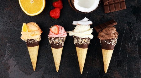 Ice cream. Set of ice cream scoops of different colors and flavours with berries, nuts and fruits...