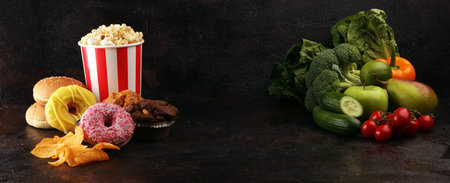 healthy or unhealthy food. Concept photo of healthy and unhealthy food. Fruits and vegetables vs...