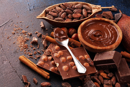 Chocolate bar pieces and melting swirl cocoa. Sweet food photo concept. The chunks of broken...