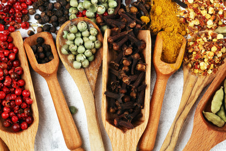 Spices with pepper on table. Food and cuisine ingredients for cooking