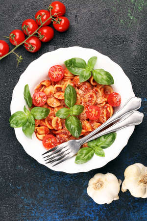 Pasta orecchiette. Plate of delicious orecchiette with tomato sauce garnished with parmesan cheese and basil on rustic tableの写真素材