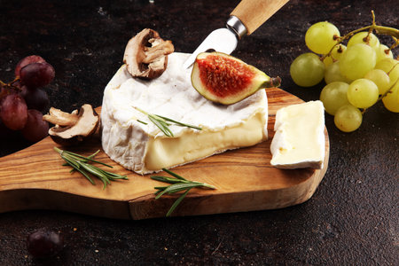 Camembert cheese and rosemary on rustic tableの写真素材