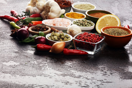 Spices and herbs on table. Food and cuisine ingredients for cooking