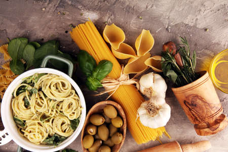 Spaghetti with gorgonzola and spinach souce and ingredientsの写真素材