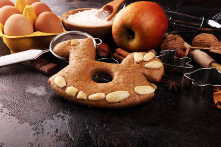 Baking christmas cookies. Typical cinnamon stars bakery with spices. xmas decorationの写真素材