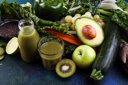 Healthy green smoothie and ingredients - detox, diet, health, vegetarian food concept with vitamin