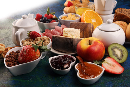 Breakfast served with coffee, orange juice, croissants, cereals and fruits. Balanced diet....