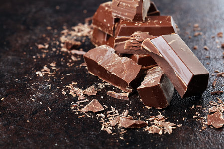 Dark chocolate stack, chips and powder with chocolate bars