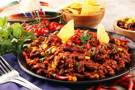 Hot chili con carne. mexican food tasty and spicy with pepper and kidneys