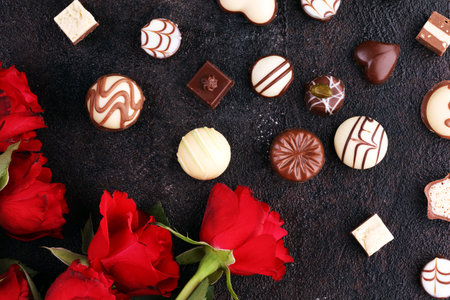 Flowers composition. Frame made of rose flowers, confetti. Valentine's Day background. Flat lay, top view, copy space for valentineの写真素材