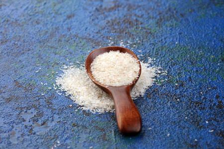 Portion of Psyllium Seeds on rustic background. Psyllium seed husks on woodenの写真素材