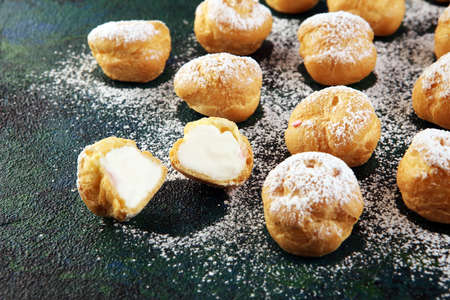 Fresh Mini Cream Puffs. Cream biscuit bakery filled with vanilla creamの写真素材