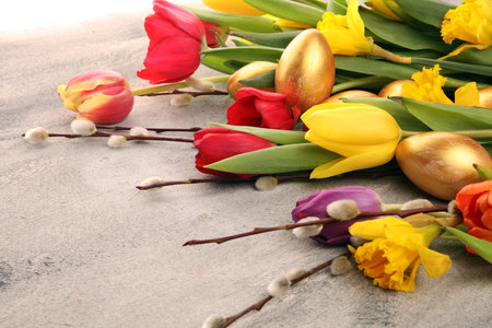 golden easter eggs and pussy willow cats and spring flower