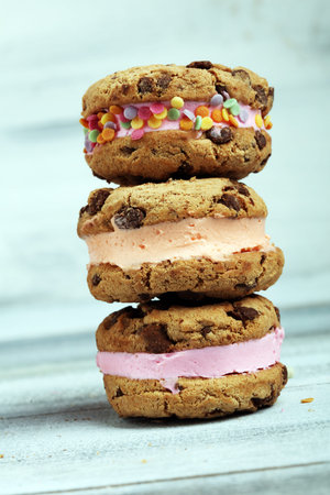 ice cream sandwiches. Chocolate Chip Cookie Ice Cream Sandwich on tableの写真素材