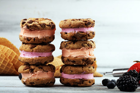 ice cream sandwiches. Chocolate Chip Cookie Ice Cream Sandwich on tableの写真素材