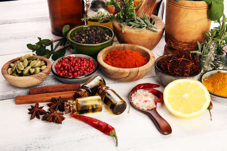 Spices and herbs on table. Food and cuisine ingredients on tableの写真素材