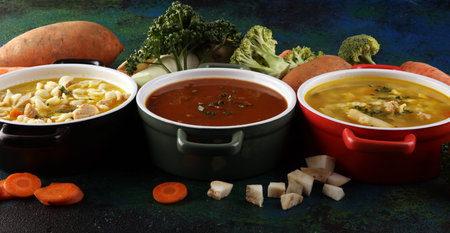 Set of three soups from worldwide cuisines, healthy food. Broth with noodles, beef soup and broth...