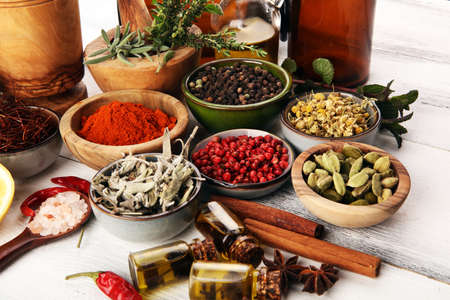 Spices and herbs on table. Food and cuisine ingredients on tableの写真素材
