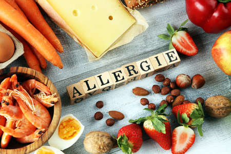 Allergy food concept. Allergy food as almonds, milk, cheese, strawberry, seeds, eggs, peanuts and 
crustaceans or shrimps with wooden letter in german allergieの写真素材