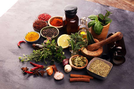 Spices and herbs on table. Food and cuisine ingredients on tableの写真素材