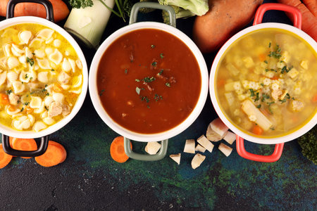 Set of three soups from worldwide cuisines, healthy food. Broth with noodles, beef soup and broth...