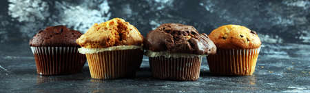 Chocolate muffin and nut muffin, homemade bakery on table at homeの写真素材