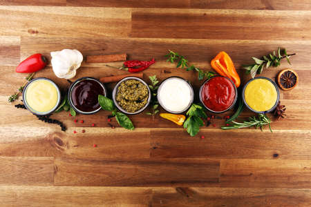 Sauces Assortment. Set of various sauces in bowls with ketchup, mayonnaise, pesto and mustardの写真素材