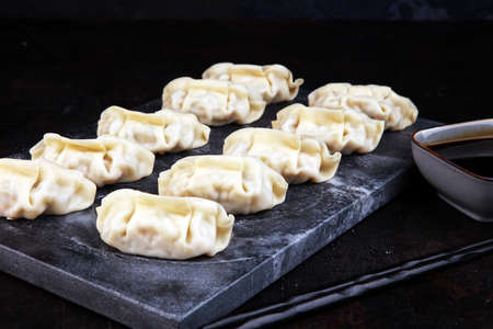 Gyoza or dumplings snack with soy sauce, selective focus, copy space.の写真素材