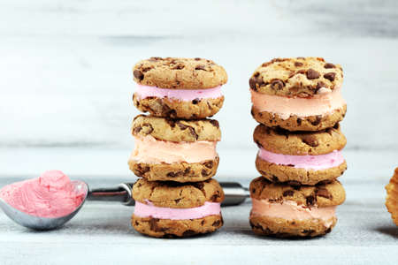 ice cream sandwiches. Chocolate Chip Cookie Ice Cream Sandwich on tableの写真素材