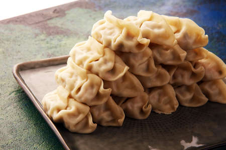 Gyoza or dumplings snack with soy sauce, selective focus, copy space.の写真素材