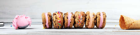 ice cream sandwiches. Chocolate Chip Cookie Ice Cream Sandwich on tableの写真素材