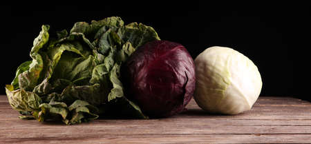 Three fresh organic cabbage heads. Antioxidant balanced diet eating with red cabbage, white cabbage and fresh savoyの写真素材