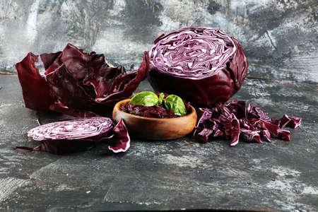 pickled red cabbage and Chopped fresh red cabbage. Prepare sliced vegetable for cooking purple cabbage salad or coleslaw. Homemade fresh food concept.の写真素材