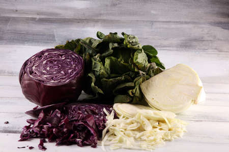 Three fresh organic cabbage heads. Antioxidant balanced diet eating with red cabbage, white cabbage and fresh savoyの写真素材