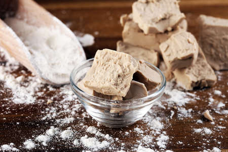 Dry yeast crumbled and yeast cube block for baking.の写真素材