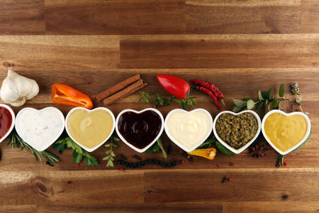Sauces Assortment. Set of various sauces in bowls with ketchup, mayonnaise, pesto and mustardの写真素材