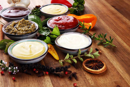 Sauces Assortment. Set of various sauces in bowls with ketchup, mayonnaise, pesto and mustardの写真素材