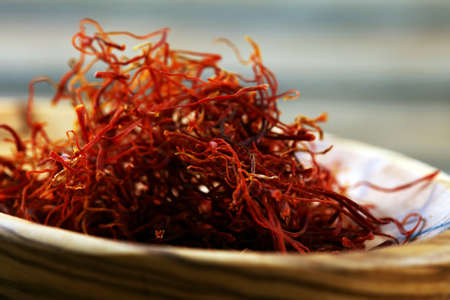 Kesar, Saffron, Crocus Sativus on rustic table, Pile of Saffronの写真素材