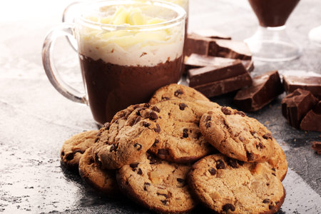 hot chocolate with cocoa and whipped cream. sweet chocolate drink