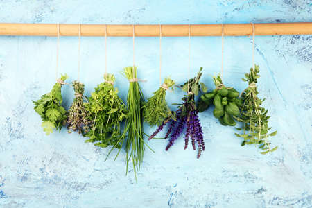 Various Fresh herbs hanging in front of a rustic background. Basil, sage, thyme, oregano, dill, chives, parsley and coriander.の写真素材