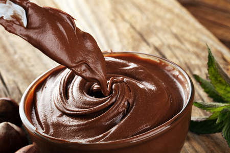 Homemade hazelnut spread in a bowl. Hazelnut Nougat cream.の写真素材