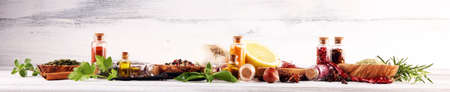 Spices and herbs on table. Food and cuisine ingredients with paprika and curry.の写真素材