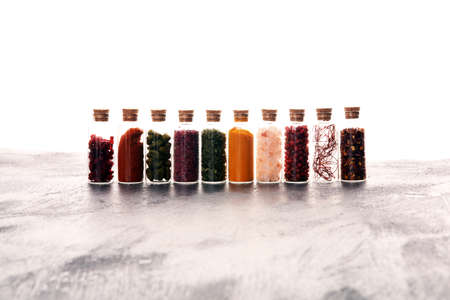 Spices and herbs on table. Food and cuisine ingredients with paprika and curry.の写真素材