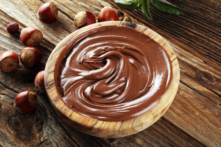 Homemade hazelnut spread in a bowl. Hazelnut Nougat cream.の写真素材