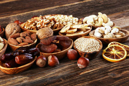 Composition with dried fruits and assorted healthy organic nuts.の写真素材