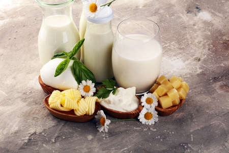 milk products. tasty healthy dairy products on a table on. mozzarella in a bowl, cottage cheese bowl, butter swirls and glass bottle の写真素材