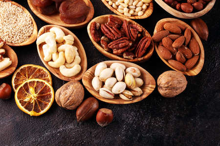 Composition with dried fruits and assorted healthy organic nuts.の写真素材