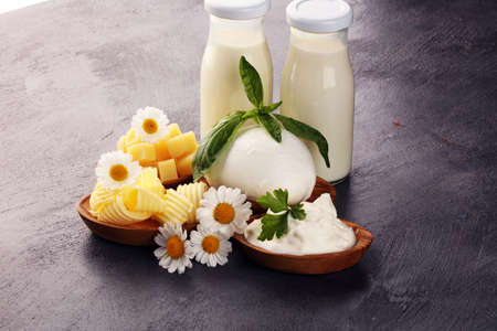 milk products. tasty healthy dairy products on a table on. mozzarella in a bowl, cottage cheese bowl, butter swirls and glass bottle の写真素材