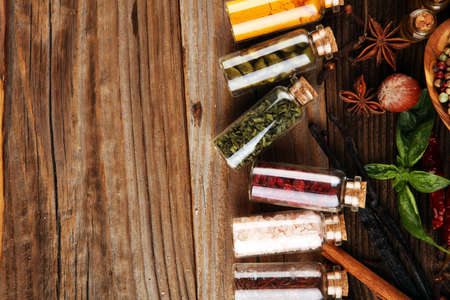 Spices and herbs on table. Food and cuisine ingredients with paprika and curry.の写真素材