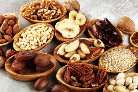 Composition with dried fruits and assorted healthy organic nuts.の写真素材